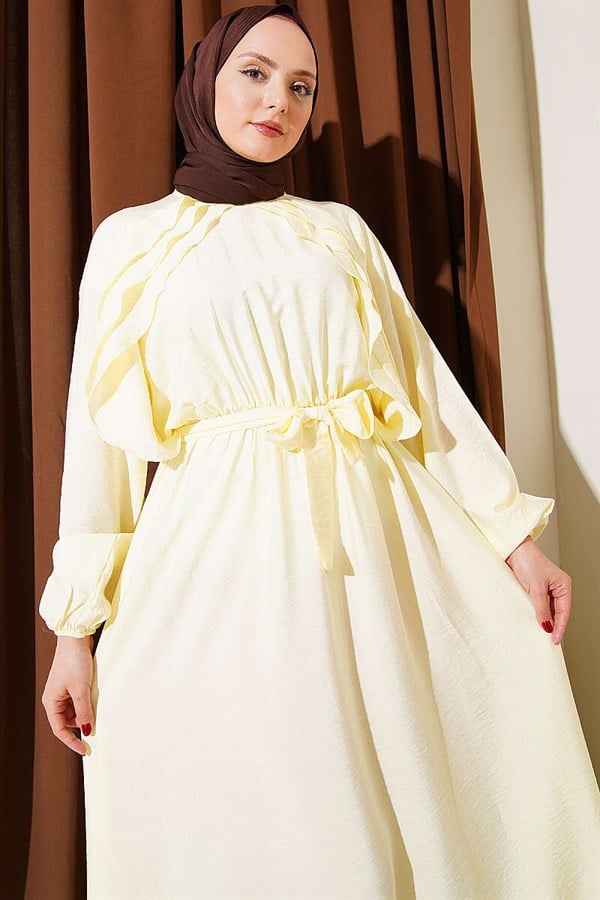 Yellow Dress with Elastic Waist, Ruffle Detail, and Belt