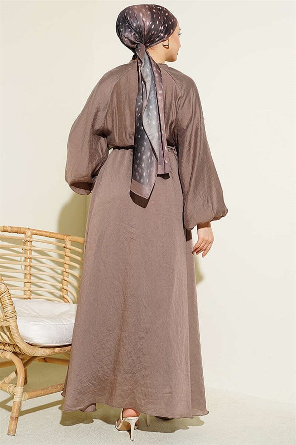 Belted Dress with Elastic Waist and Ruffle Details, Mink Color