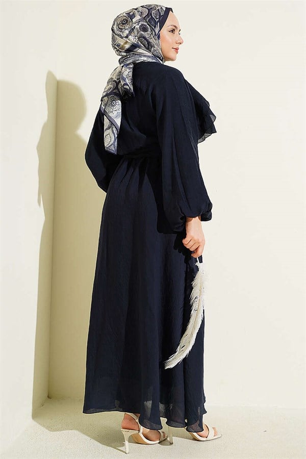 Navy Blue Dress with Elastic Waist, Ruffle Detail, and Belt