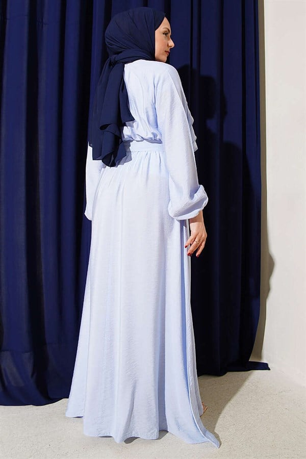 Elastic Waist Ruffle Detail Belted Dress Blue