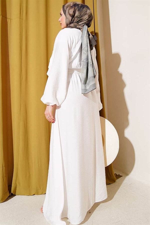 Belted Dress with Elastic Waist and Ruffle Detail, Ecru