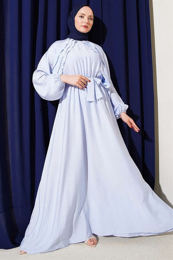 Elastic Waist Ruffle Detail Belted Dress Blue