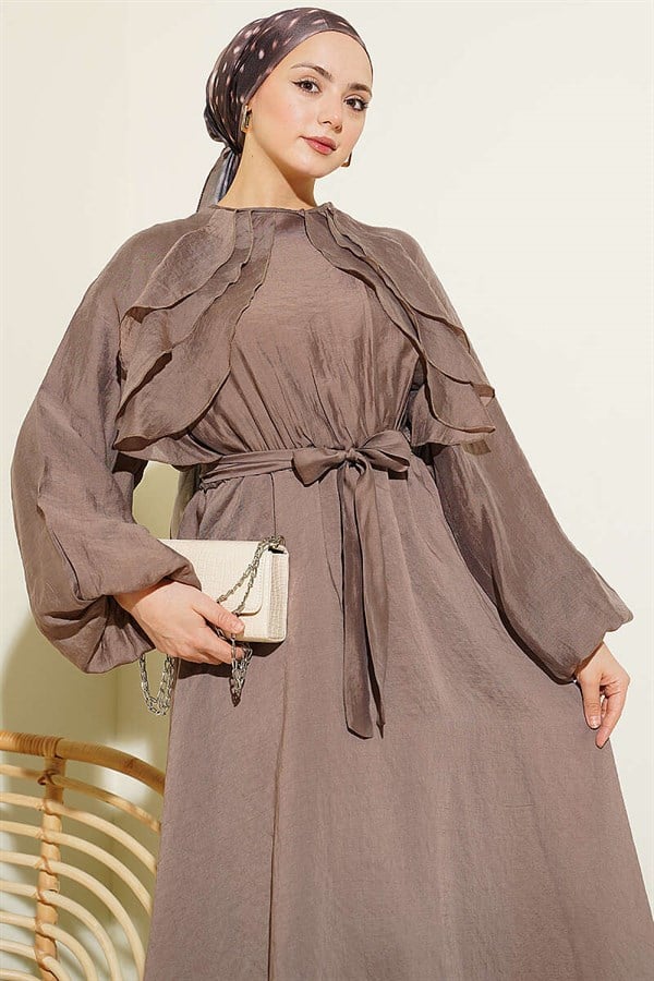 Belted Dress with Elastic Waist and Ruffle Details, Mink Color