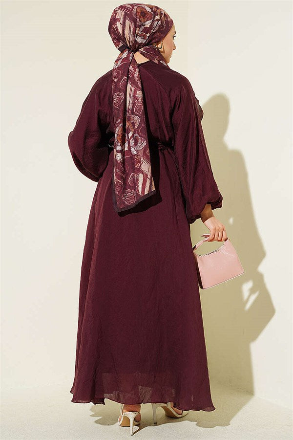 Burgundy Dress with Elastic Waist, Ruffle Detail, and Belt.