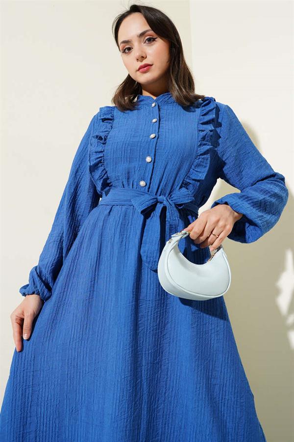 Elastic Waist Ruffle Buttoned Dress Indigo