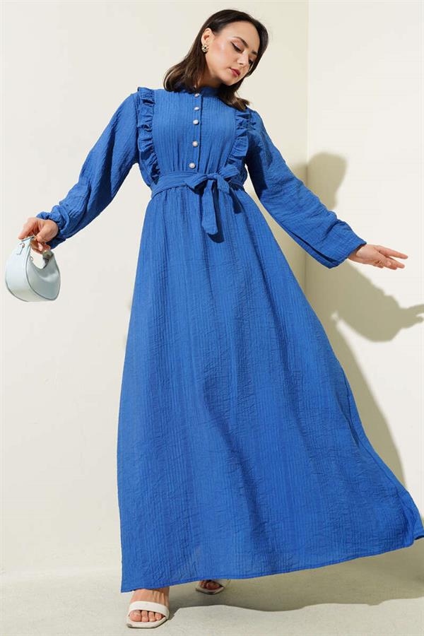 Elastic Waist Ruffle Buttoned Dress Indigo