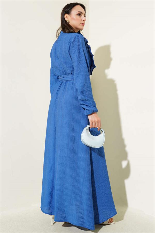 Elastic Waist Ruffle Buttoned Dress Indigo