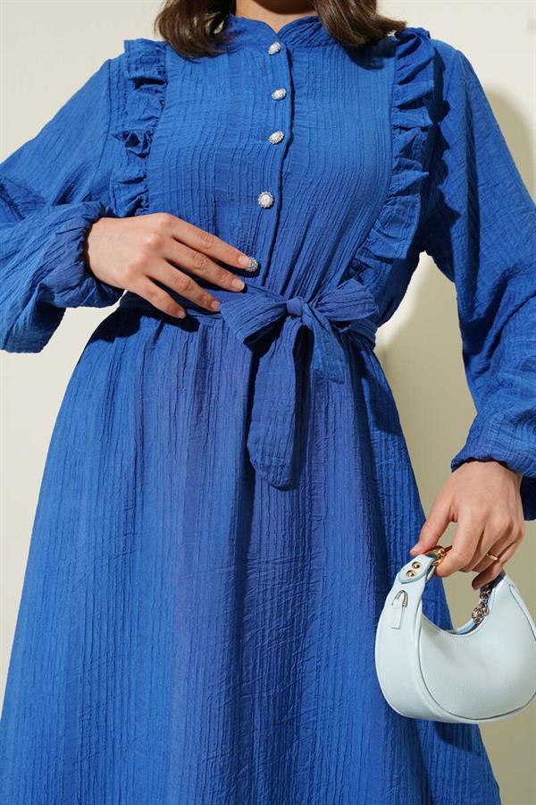 Elastic Waist Ruffle Buttoned Dress Indigo