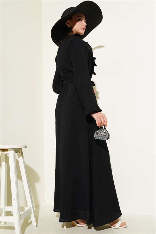 Elastic Waist Ruffle Buttoned Dress Black