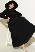Elastic Waist Ruffle Buttoned Dress Black