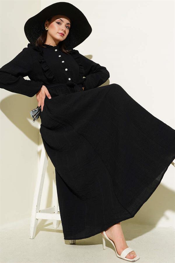 Elastic Waist Ruffle Buttoned Dress Black