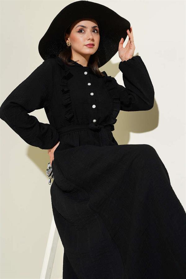 Elastic Waist Ruffle Buttoned Dress Black