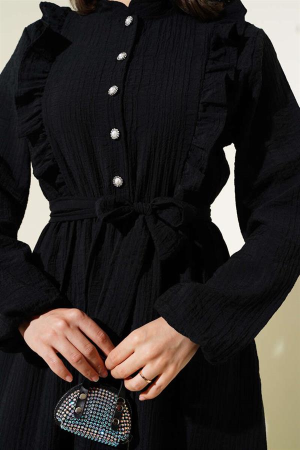 Elastic Waist Ruffle Buttoned Dress Black