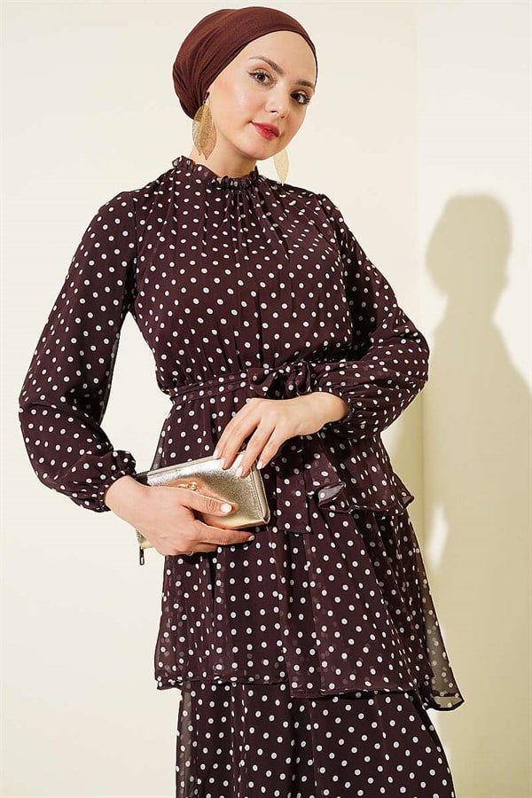 Elastic Waist Ruffled Polka Dot Chiffon Dress, Coffee