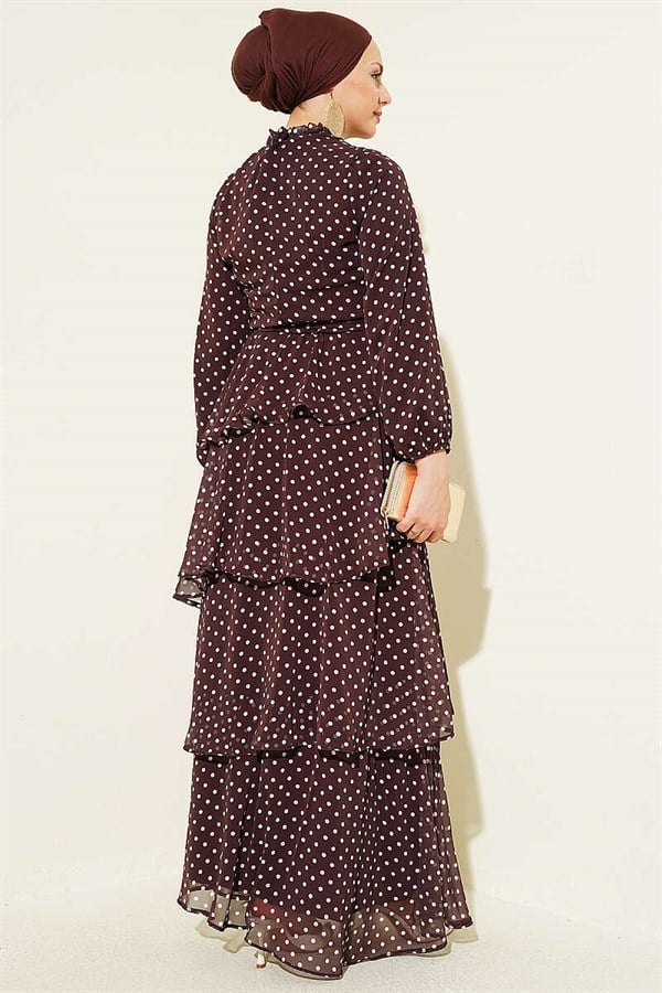 Elastic Waist Ruffled Polka Dot Chiffon Dress, Coffee