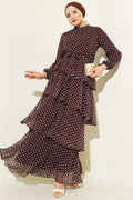 Elastic Waist Ruffled Polka Dot Chiffon Dress, Coffee
