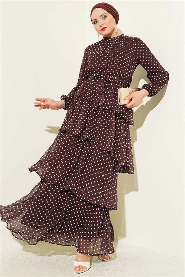 Elastic Waist Ruffled Polka Dot Chiffon Dress, Coffee