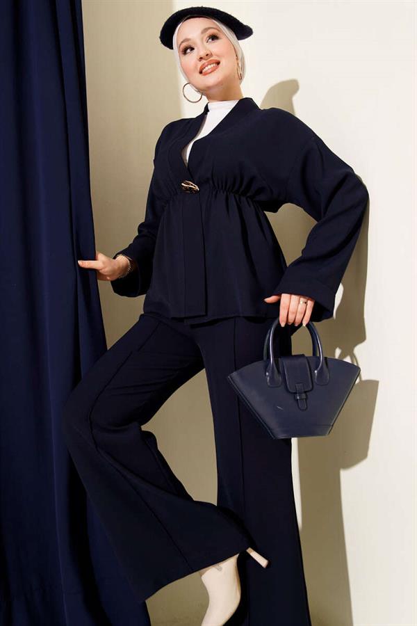 Navy Blue 2 Piece Set with Elastic Waistband and Gold Accessories
