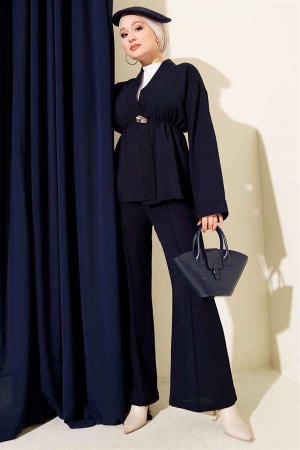 Navy Blue 2 Piece Set with Elastic Waistband and Gold Accessories
