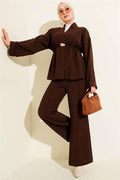 2 Piece Set with elastic waistband and gold accessories, coffee brown.