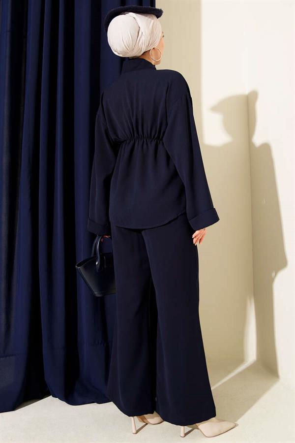 Navy Blue 2 Piece Set with Elastic Waistband and Gold Accessories