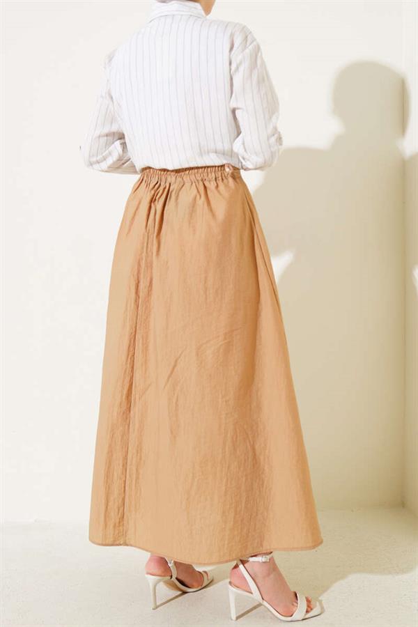 Elastic Waist Rope Tie Skirt Camel