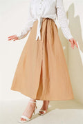 Elastic Waist Rope Tie Skirt Camel