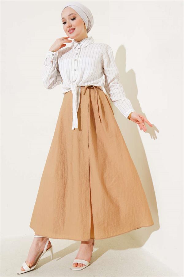 Elastic Waist Rope Tie Skirt Camel