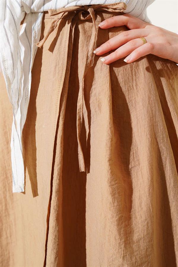 Elastic Waist Rope Tie Skirt Camel