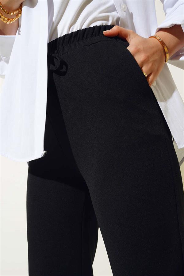 Elastic Waist String Pocket Trousers Black
