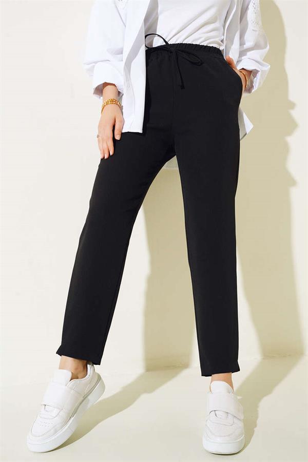 Elastic Waist String Pocket Trousers Black