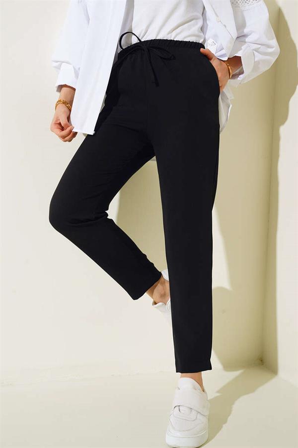 Elastic Waist String Pocket Trousers Black