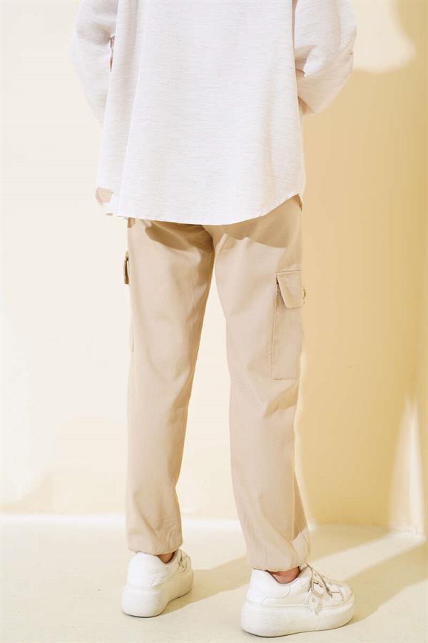 Elastic Waist Cargo Pants Beige