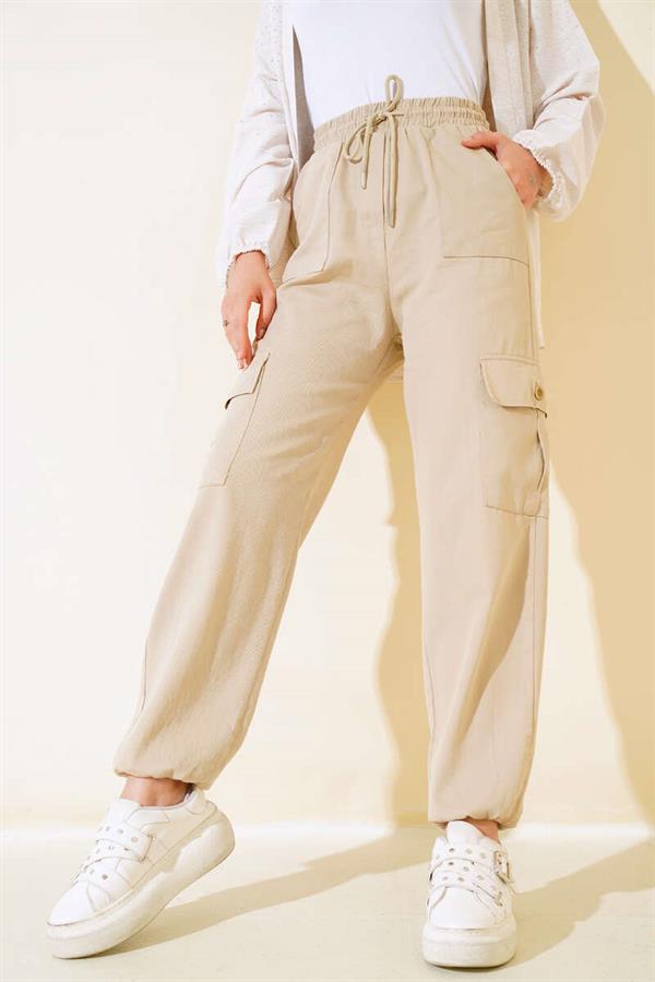 Elastic Waist Cargo Pants Beige