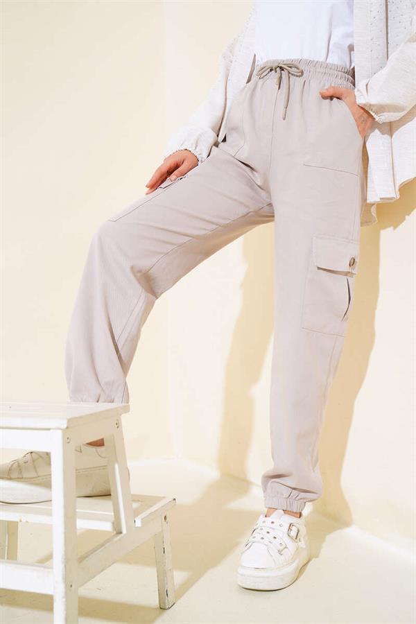 Elastic Waist Cargo Pants Stone
