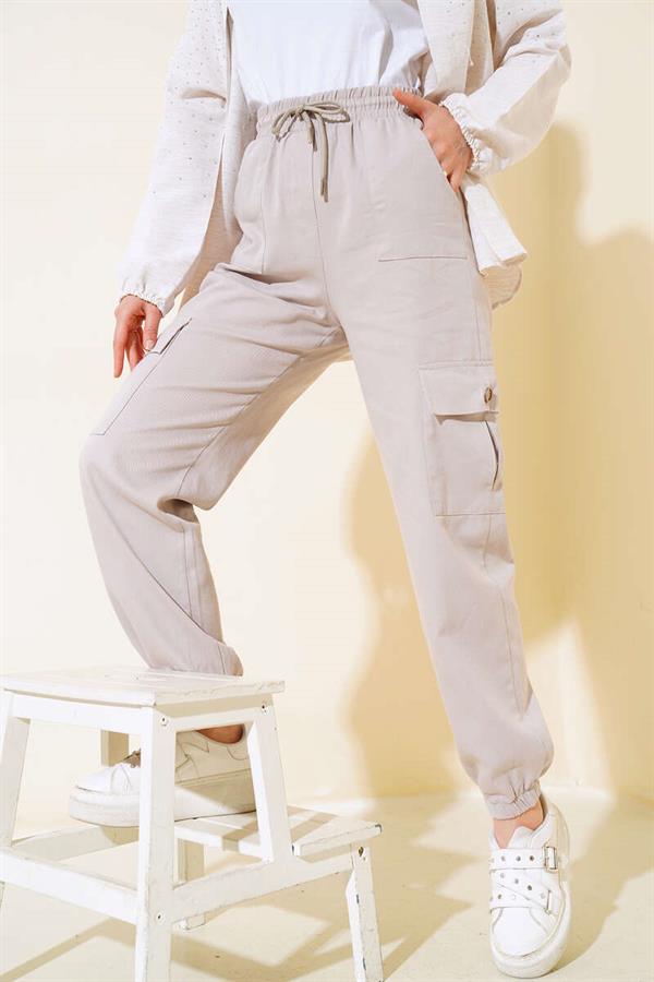 Elastic Waist Cargo Pants Stone