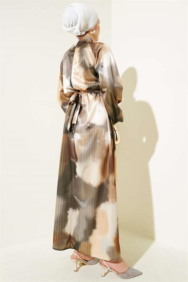 Elastic Waist Mixed Pattern Satin Dress Mustard