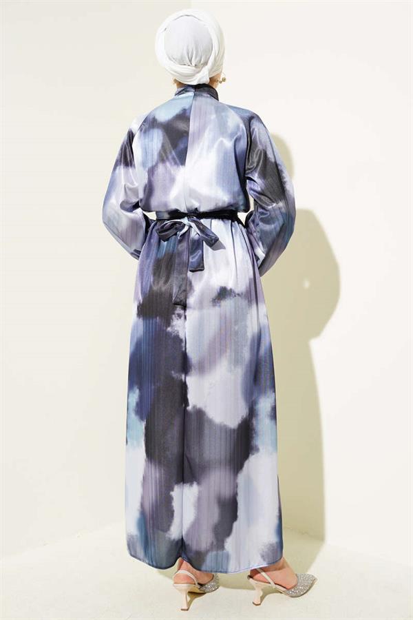 Elastic Waist Mixed Pattern Satin Dress Blue