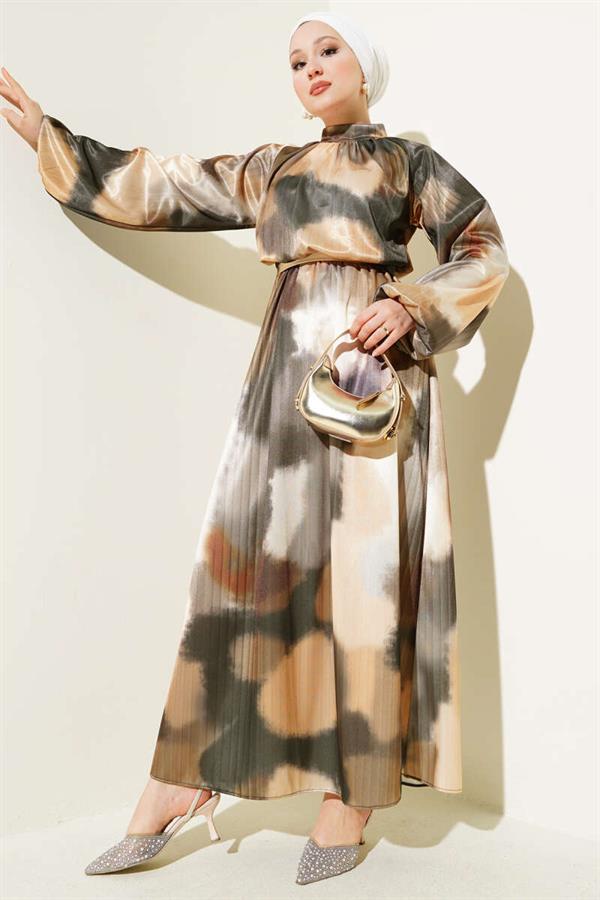 Elastic Waist Mixed Pattern Satin Dress Mustard