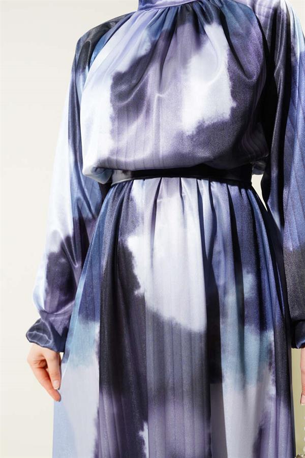Elastic Waist Mixed Pattern Satin Dress Blue