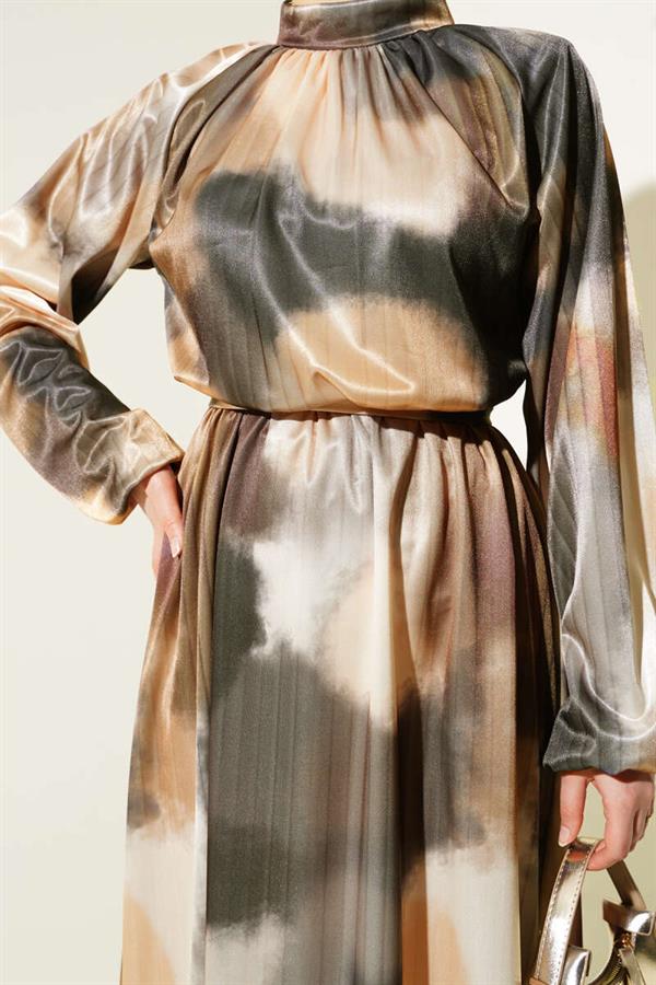 Elastic Waist Mixed Pattern Satin Dress Mustard