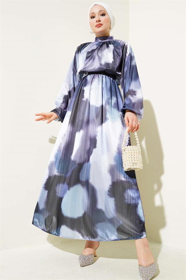 Elastic Waist Mixed Pattern Satin Dress Blue