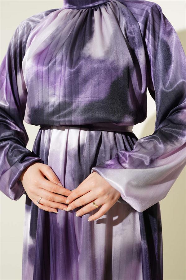 Elastic Waist Mixed Pattern Satin Dress Lilac