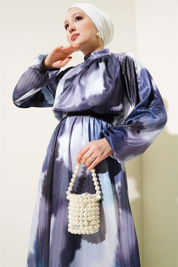 Elastic Waist Mixed Pattern Satin Dress Blue