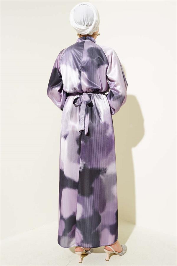 Elastic Waist Mixed Pattern Satin Dress Lilac