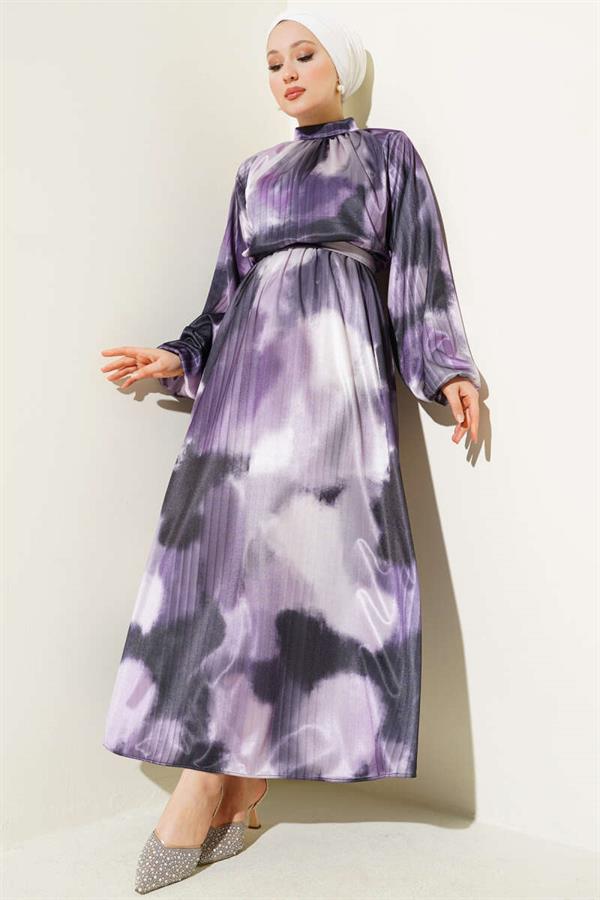 Elastic Waist Mixed Pattern Satin Dress Lilac