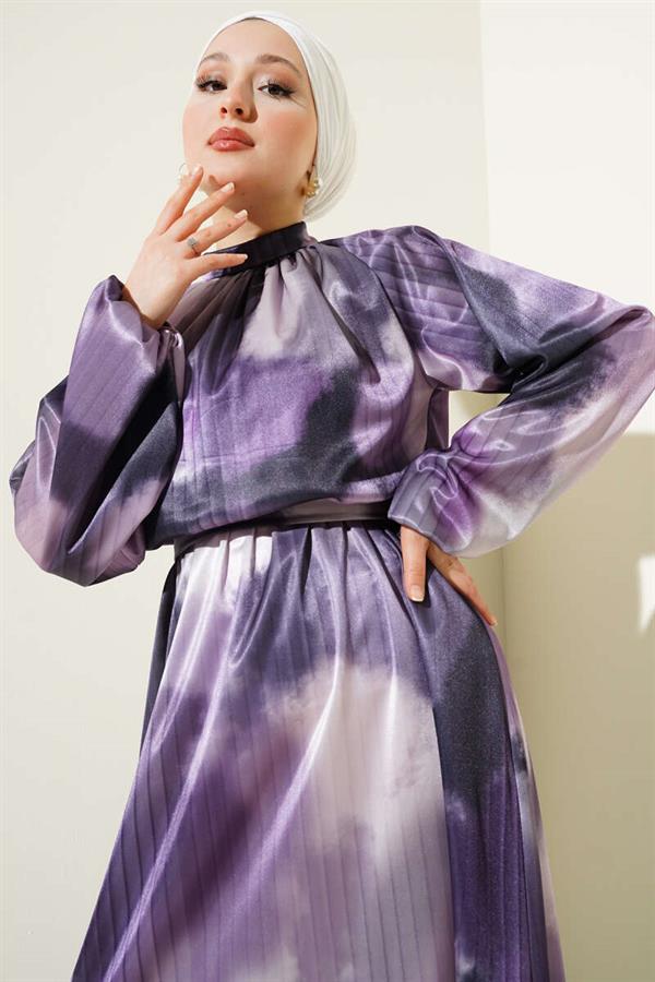 Elastic Waist Mixed Pattern Satin Dress Lilac