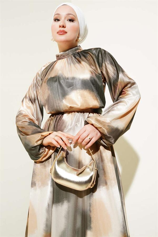 Elastic Waist Mixed Pattern Satin Dress Mustard
