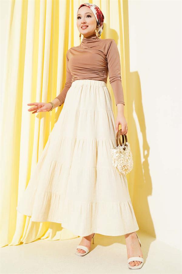 Elastic Waist Layered Flared Skirt Beige