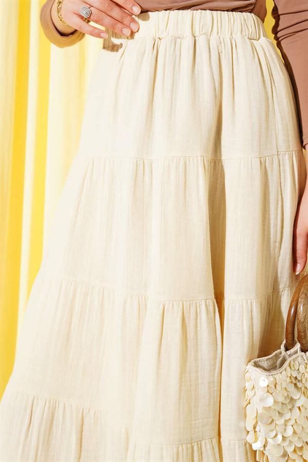 Elastic Waist Layered Flared Skirt Beige